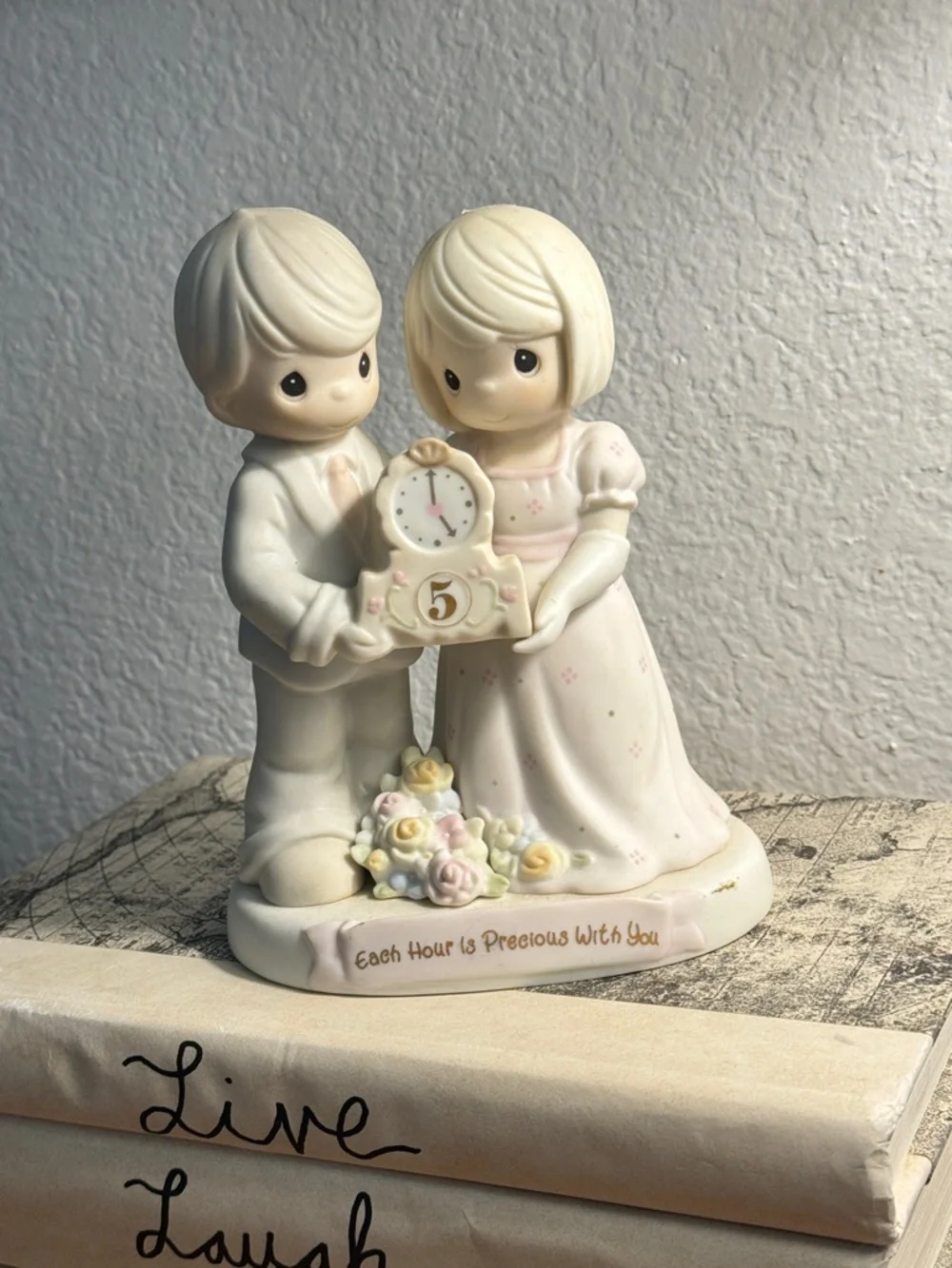 Precious Moments Cream and Pink Porcelain Couple Figurine with Clock